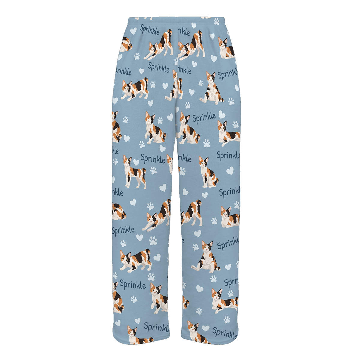 Personalized Japanese Bobtail Cat Pajama Pants, Custom Pet Name Fleece Trousers, Cat Lover Gift — 02 Dusty Blue — full-trouser view