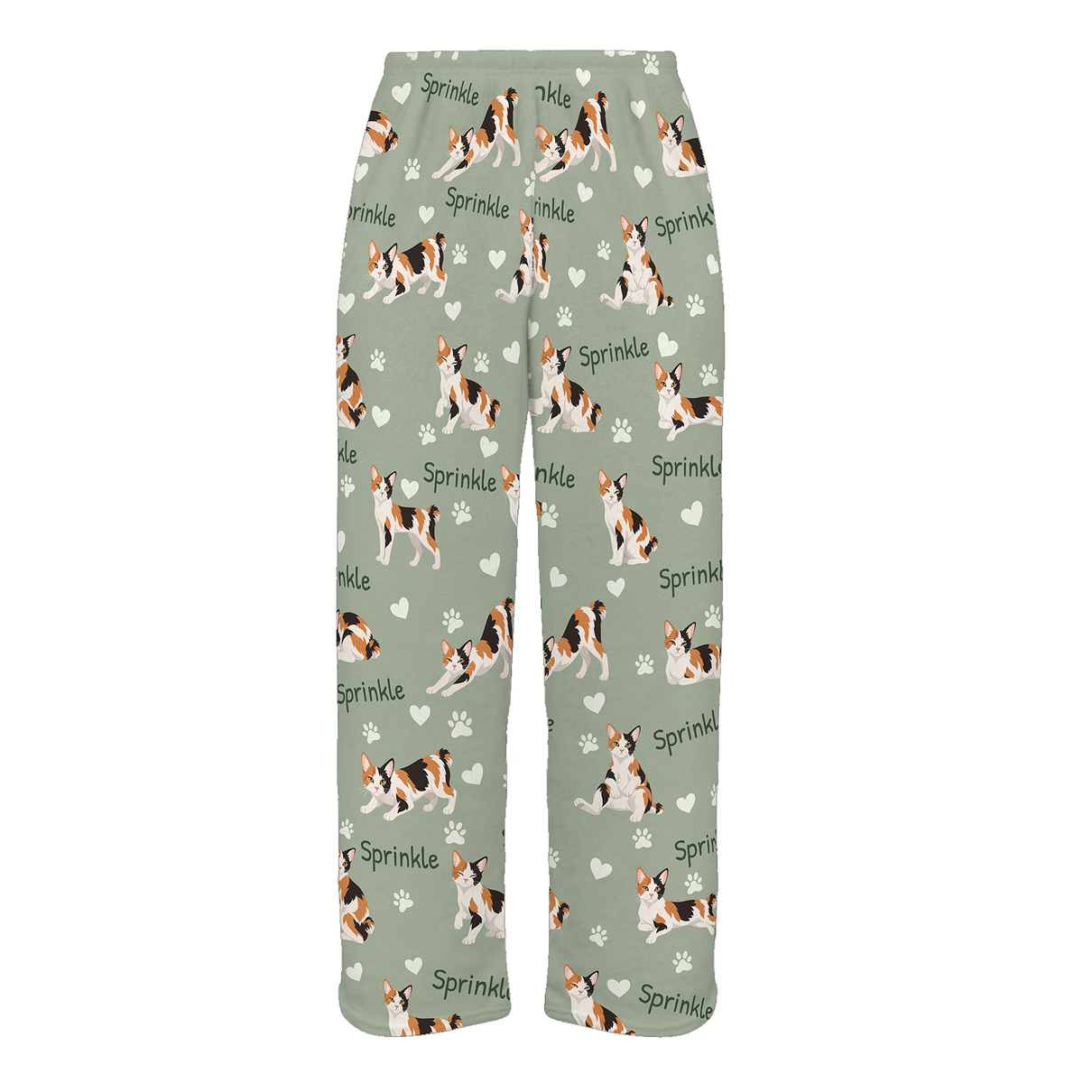 Personalized Japanese Bobtail Cat Pajama Pants, Custom Pet Name Fleece Trousers, Cat Lover Gift — 03 Soft Sage — full-trouser view