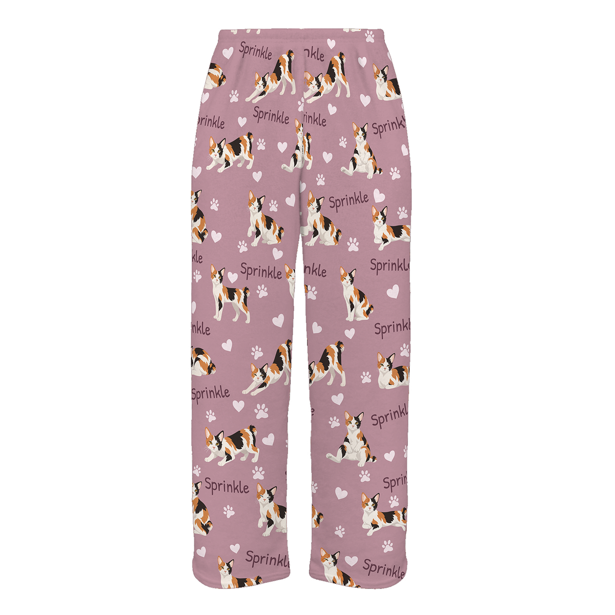 Personalized Japanese Bobtail Cat Pajama Pants, Custom Pet Name Fleece Trousers, Cat Lover Gift — 04 Dusty Rose — full-trouser view