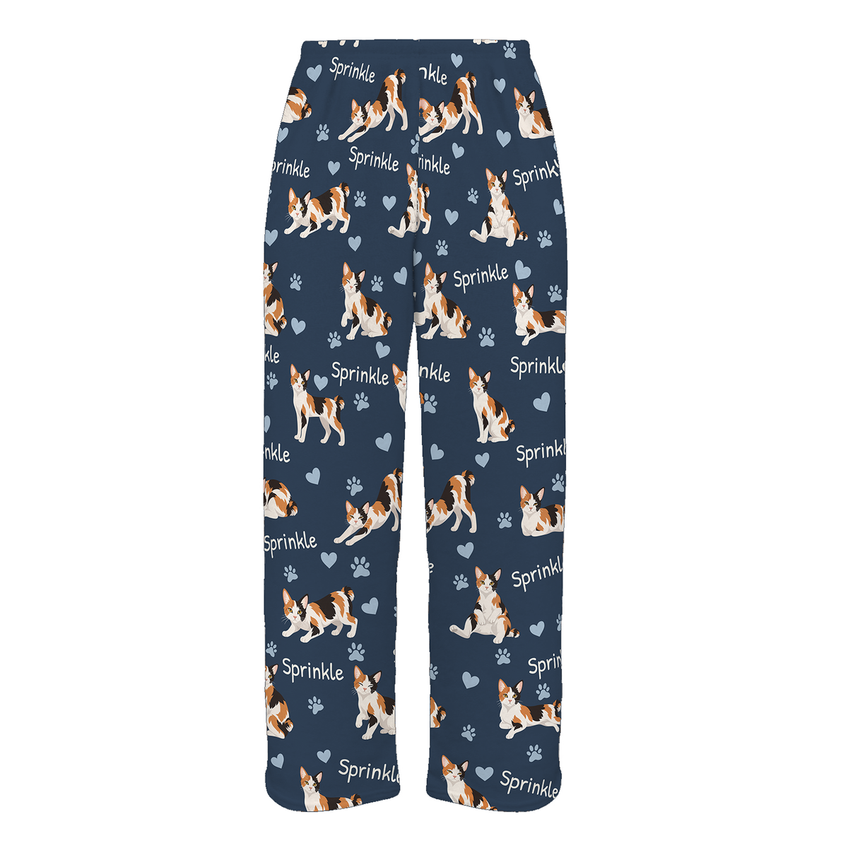 Personalized Japanese Bobtail Cat Pajama Pants, Custom Pet Name Fleece Trousers, Cat Lover Gift — 05 Deep Navy — full-trouser view
