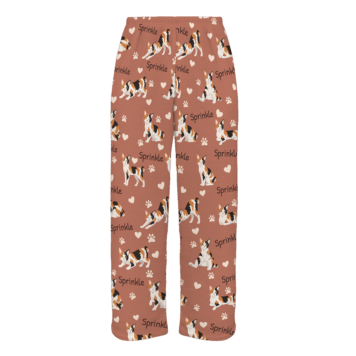 Personalized Japanese Bobtail Cat Pajama Pants, Custom Pet Name Fleece Trousers, Cat Lover Gift — 06 Muted Terracotta — full-trouser view