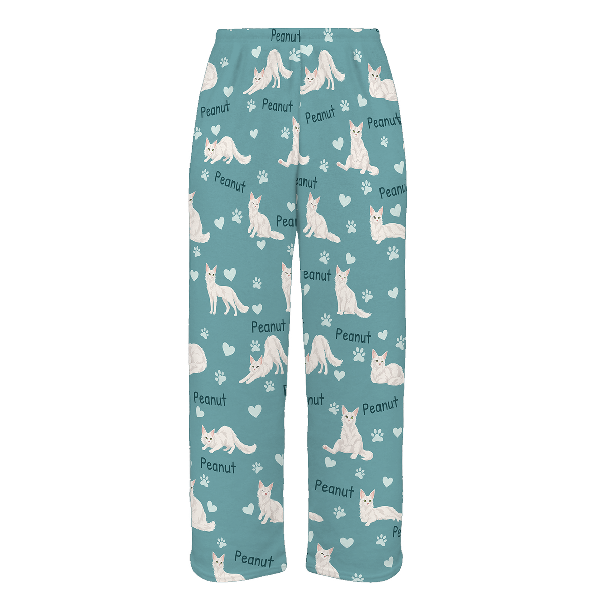 Personalized Turkish Angora Cat Pajama Pants, Custom Pet Name Fleece Trousers, Cat Lover Gift — 01 Muted Teal — full-trouser view