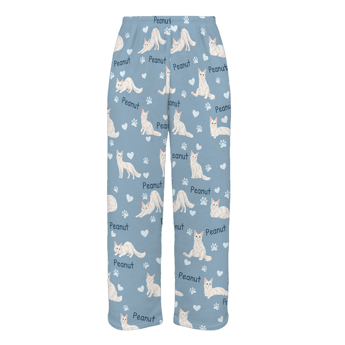 Personalized Turkish Angora Cat Pajama Pants, Custom Pet Name Fleece Trousers, Cat Lover Gift — 02 Dusty Blue — full-trouser view