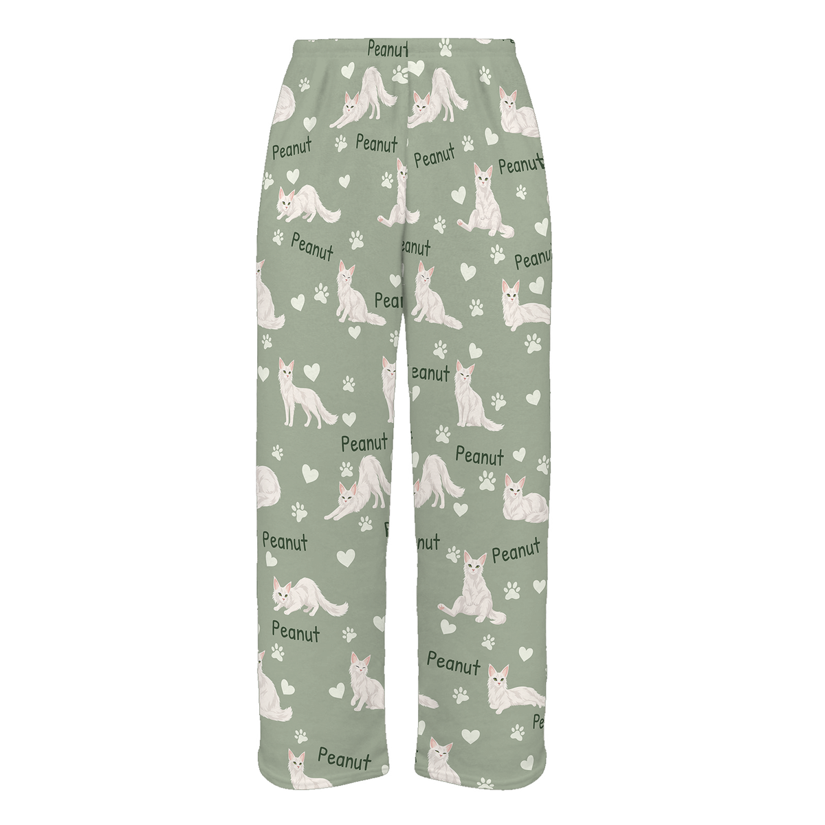 Personalized Turkish Angora Cat Pajama Pants, Custom Pet Name Fleece Trousers, Cat Lover Gift — 03 Soft Sage — full-trouser view