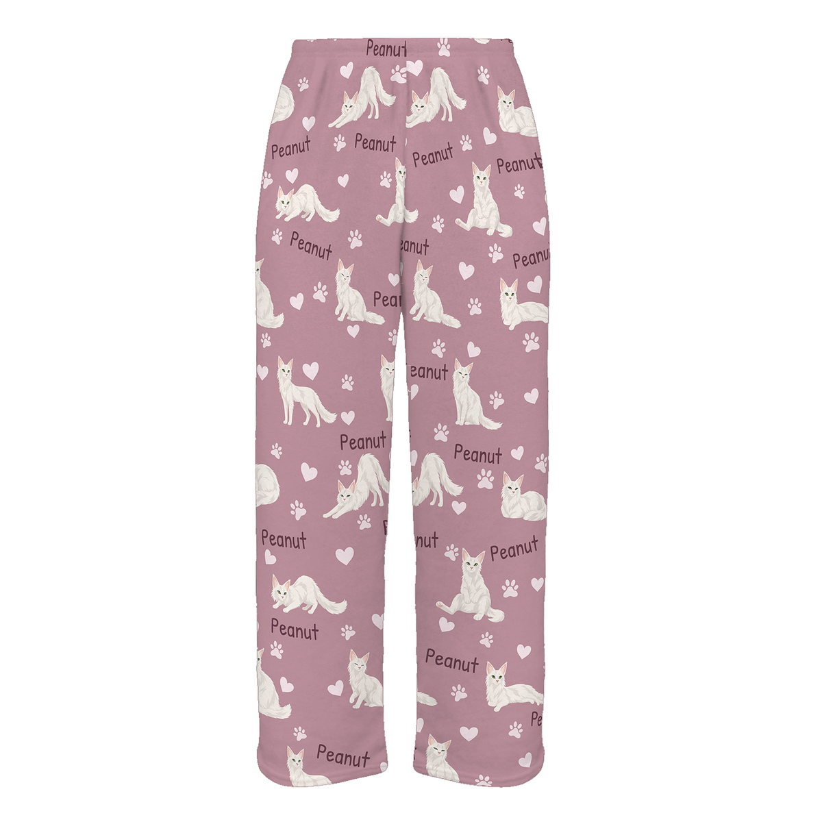 Personalized Turkish Angora Cat Pajama Pants, Custom Pet Name Fleece Trousers, Cat Lover Gift — 04 Dusty Rose — full-trouser view