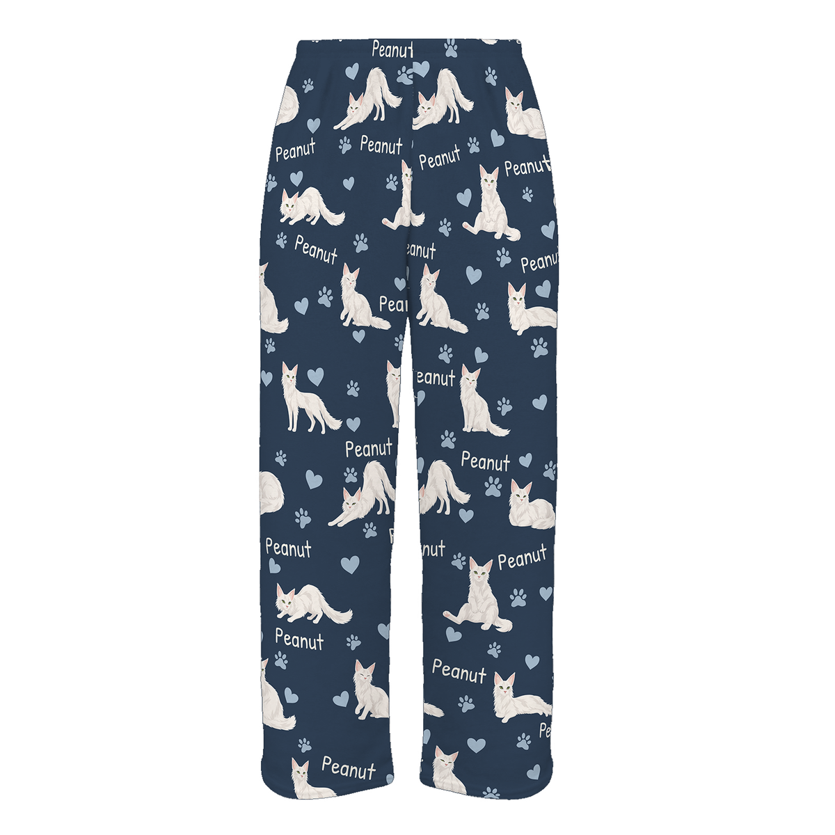 Personalized Turkish Angora Cat Pajama Pants, Custom Pet Name Fleece Trousers, Cat Lover Gift — 05 Deep Navy — full-trouser view
