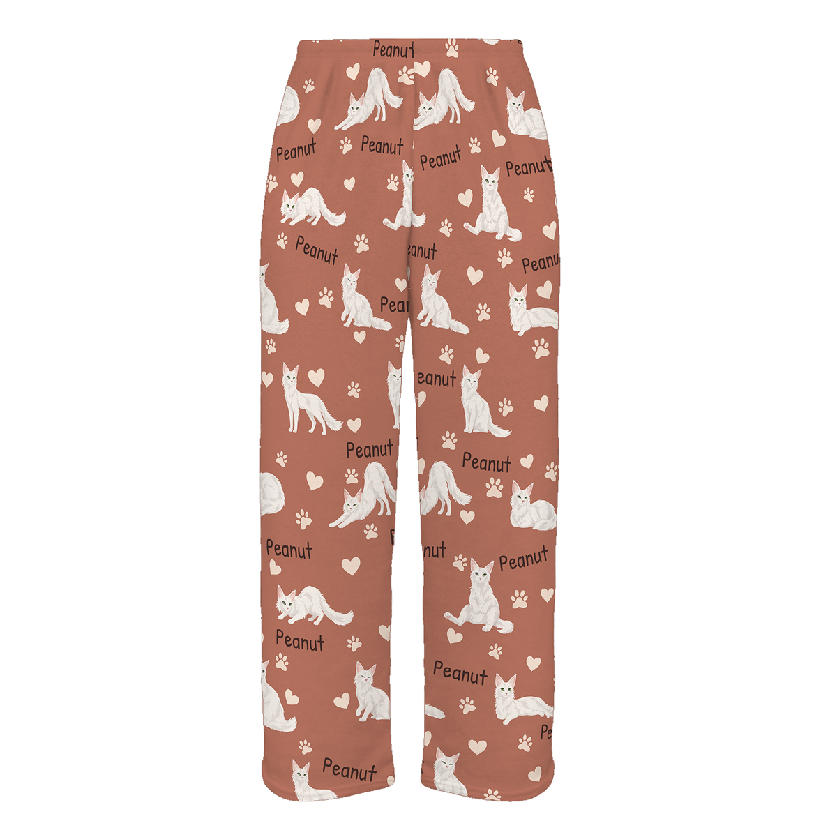 Personalized Turkish Angora Cat Pajama Pants, Custom Pet Name Fleece Trousers, Cat Lover Gift — 06 Muted Terracotta — full-trouser view