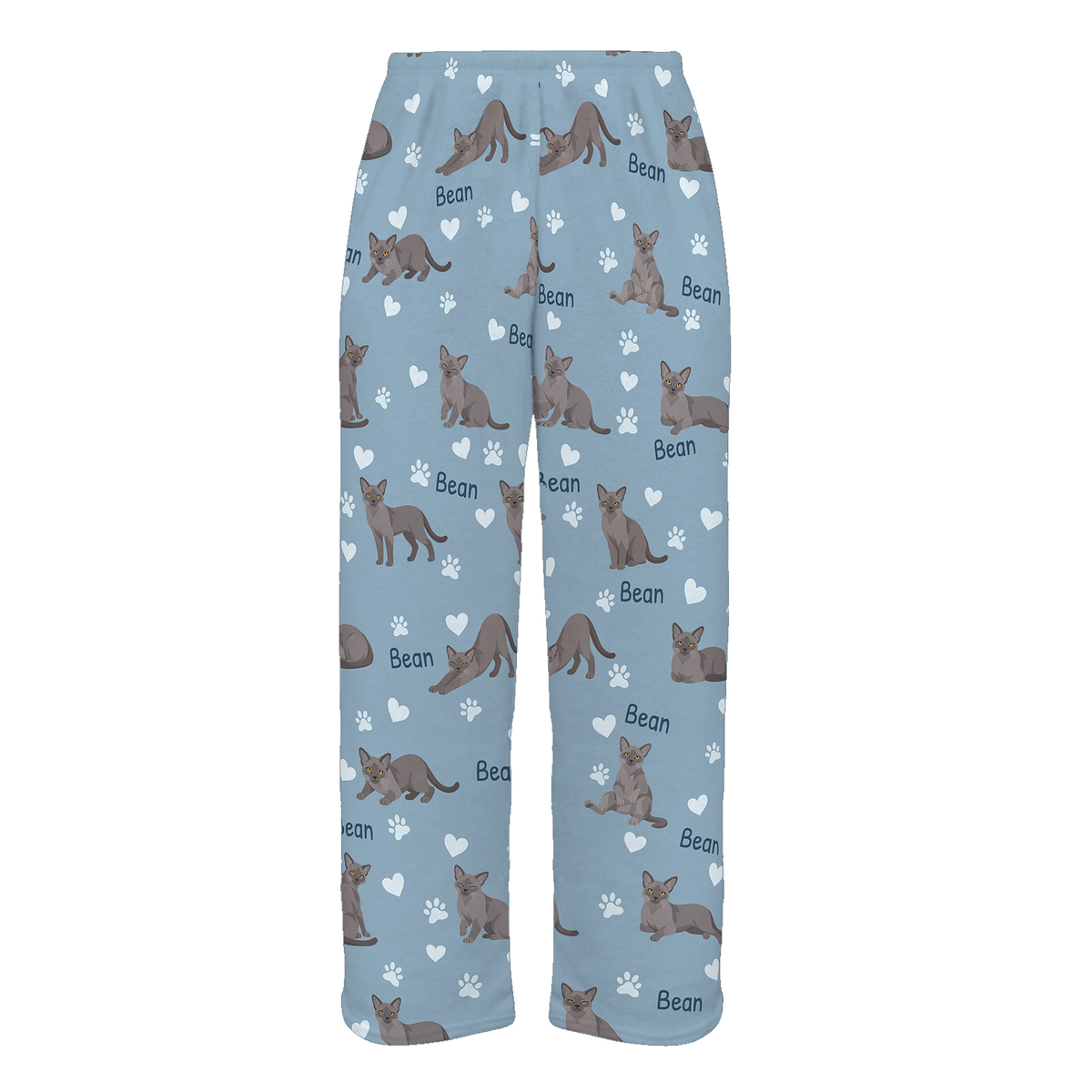 Personalized European Burmese Cat Pajama Pants, Custom Pet Name Fleece Trousers, Cat Lover Gift — 02 Dusty Blue — full-trouser view