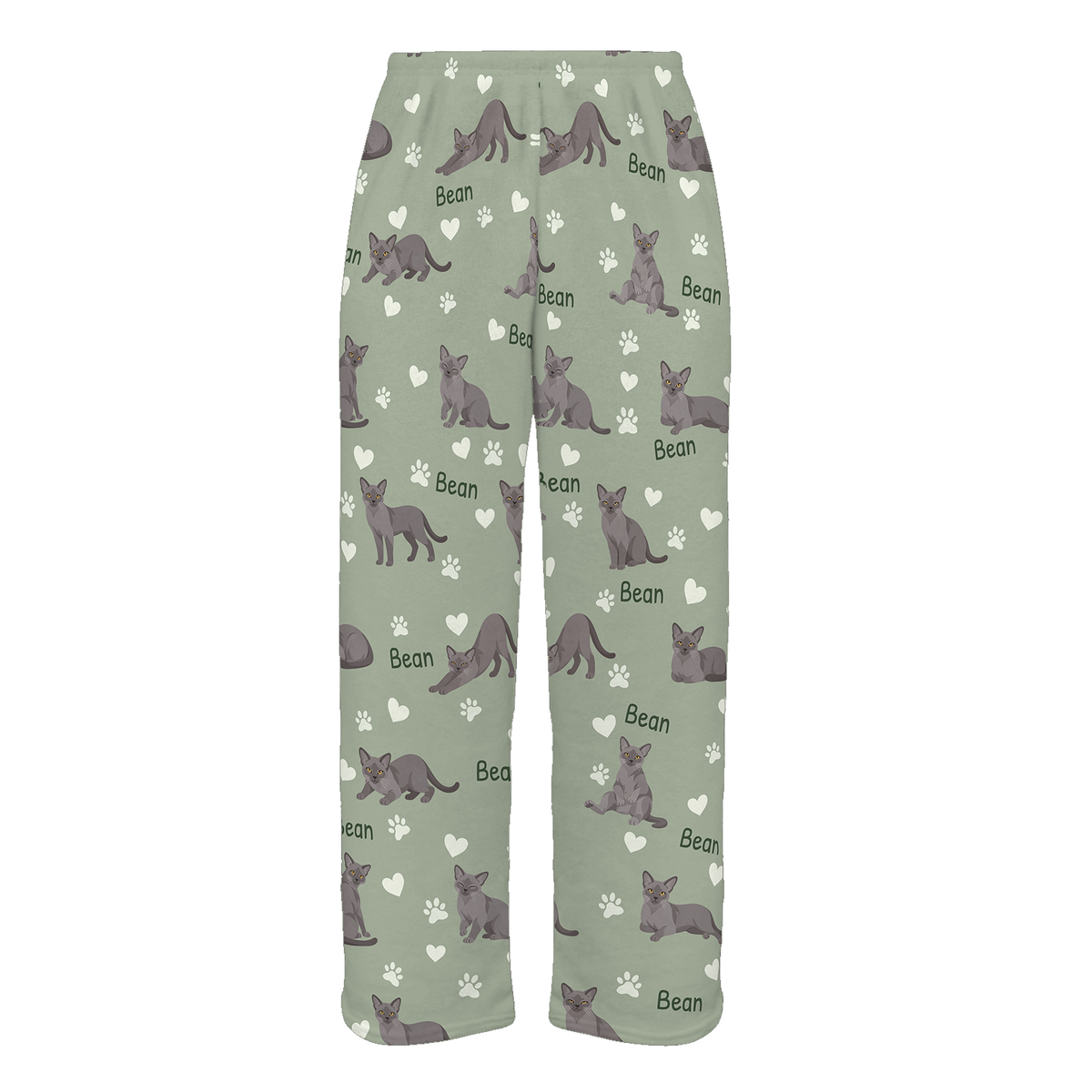 Personalized European Burmese Cat Pajama Pants, Custom Pet Name Fleece Trousers, Cat Lover Gift — 03 Soft Sage — full-trouser view