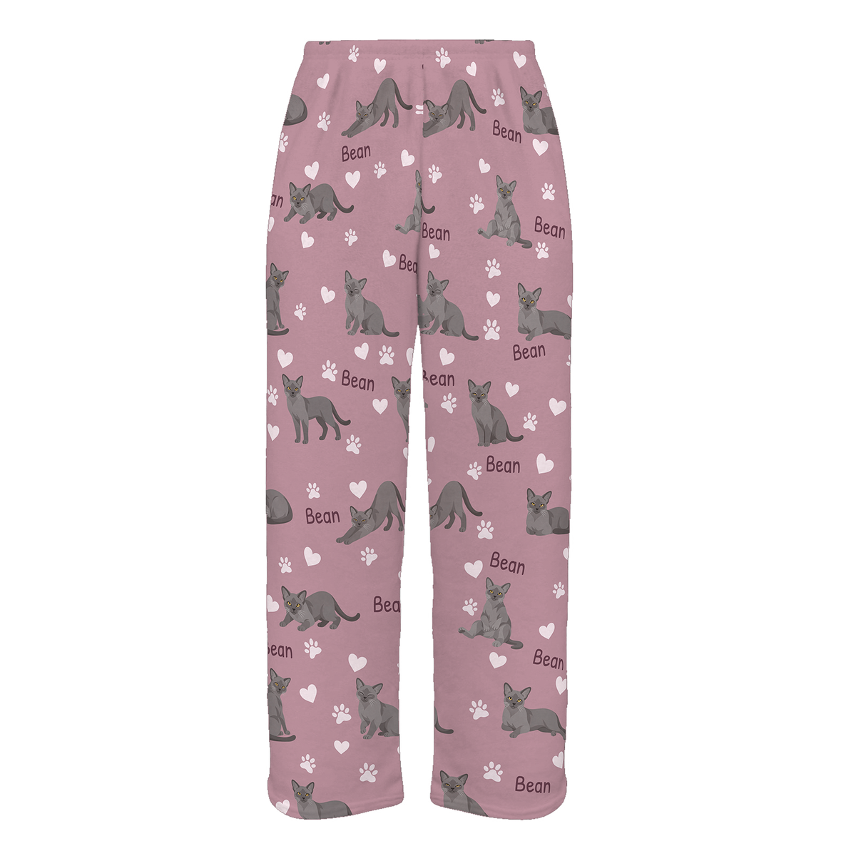 Personalized European Burmese Cat Pajama Pants, Custom Pet Name Fleece Trousers, Cat Lover Gift — 04 Dusty Rose — full-trouser view