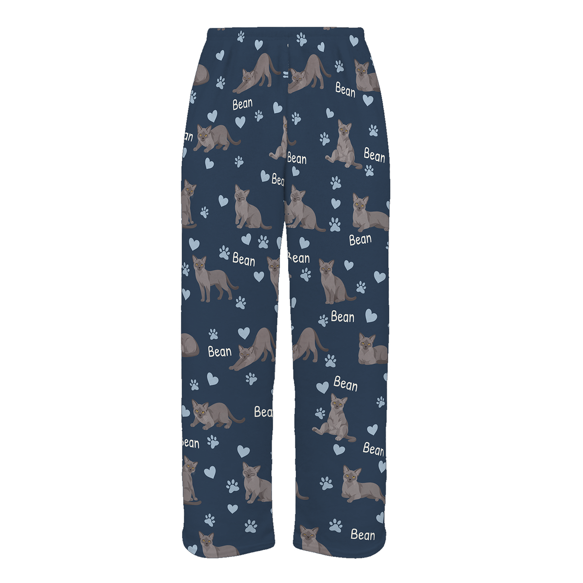 Personalized European Burmese Cat Pajama Pants, Custom Pet Name Fleece Trousers, Cat Lover Gift — 05 Deep Navy — full-trouser view