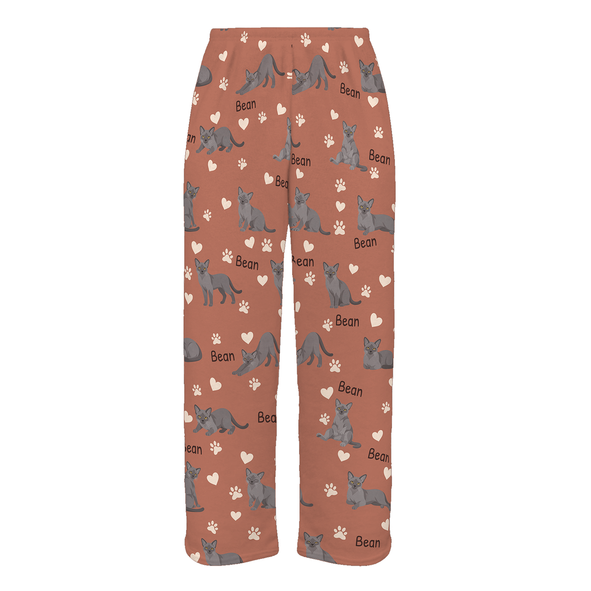Personalized European Burmese Cat Pajama Pants, Custom Pet Name Fleece Trousers, Cat Lover Gift — 06 Muted Terracotta — full-trouser view