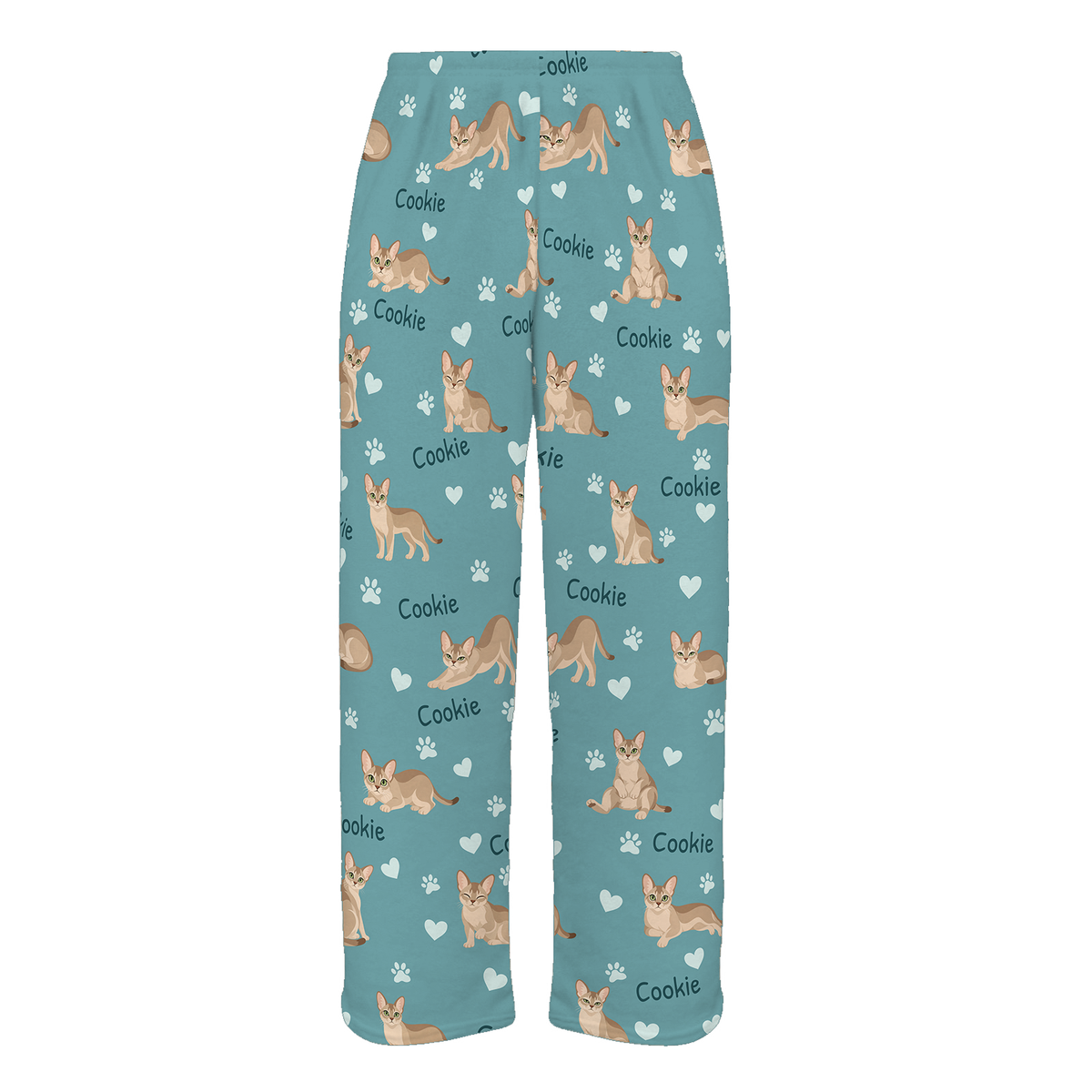 Personalized Singapura Cat Pajama Pants, Custom Pet Name Fleece Trousers, Cat Lover Gift — 01 Muted Teal — full-trouser view