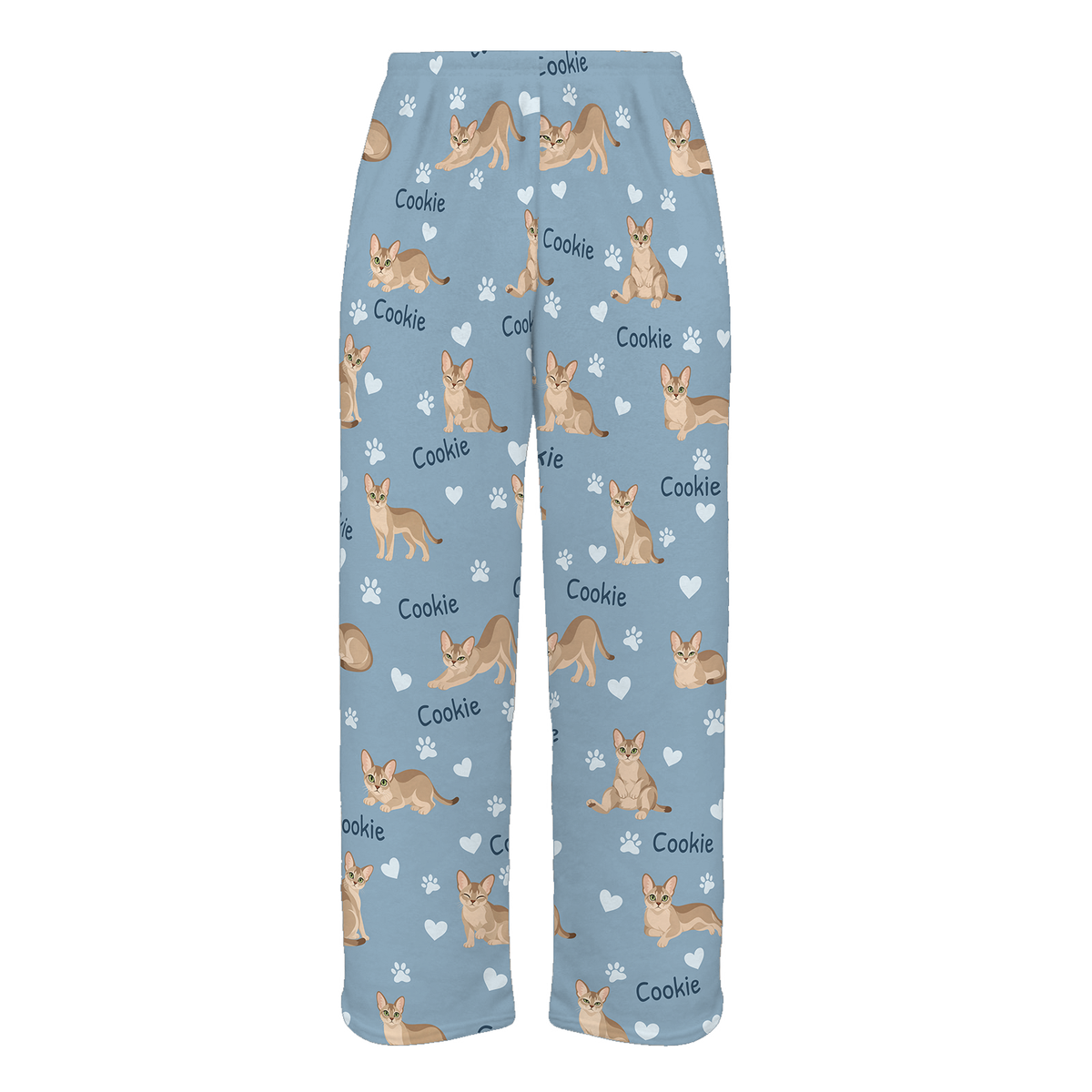Personalized Singapura Cat Pajama Pants, Custom Pet Name Fleece Trousers, Cat Lover Gift — 02 Dusty Blue — full-trouser view