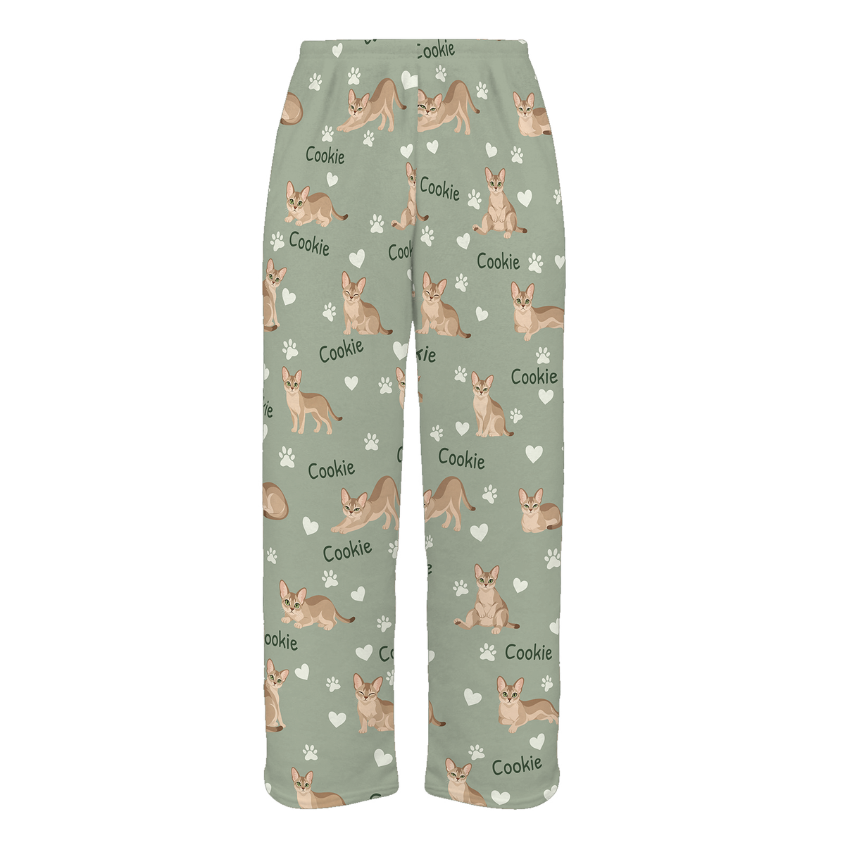 Personalized Singapura Cat Pajama Pants, Custom Pet Name Fleece Trousers, Cat Lover Gift — 03 Soft Sage — full-trouser view