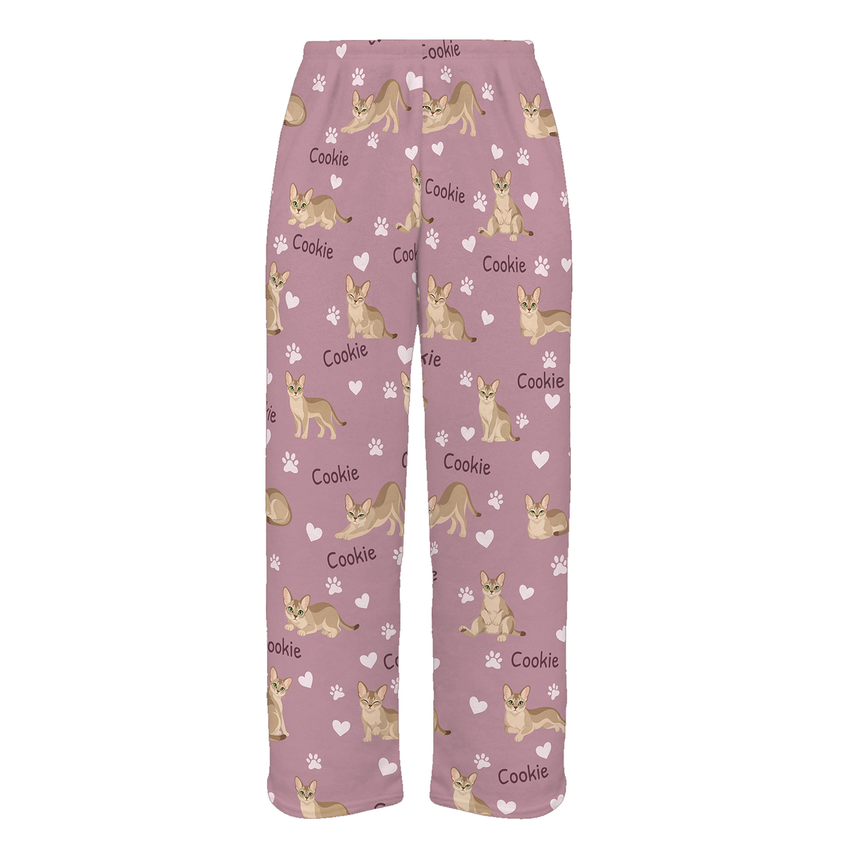 Personalized Singapura Cat Pajama Pants, Custom Pet Name Fleece Trousers, Cat Lover Gift — 04 Dusty Rose — full-trouser view