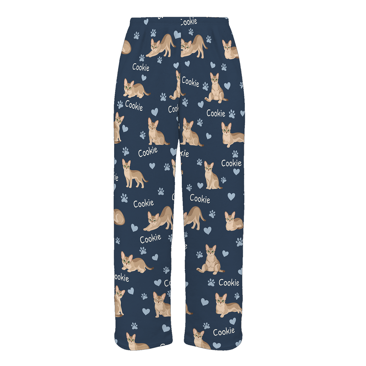 Personalized Singapura Cat Pajama Pants, Custom Pet Name Fleece Trousers, Cat Lover Gift — 05 Deep Navy — full-trouser view