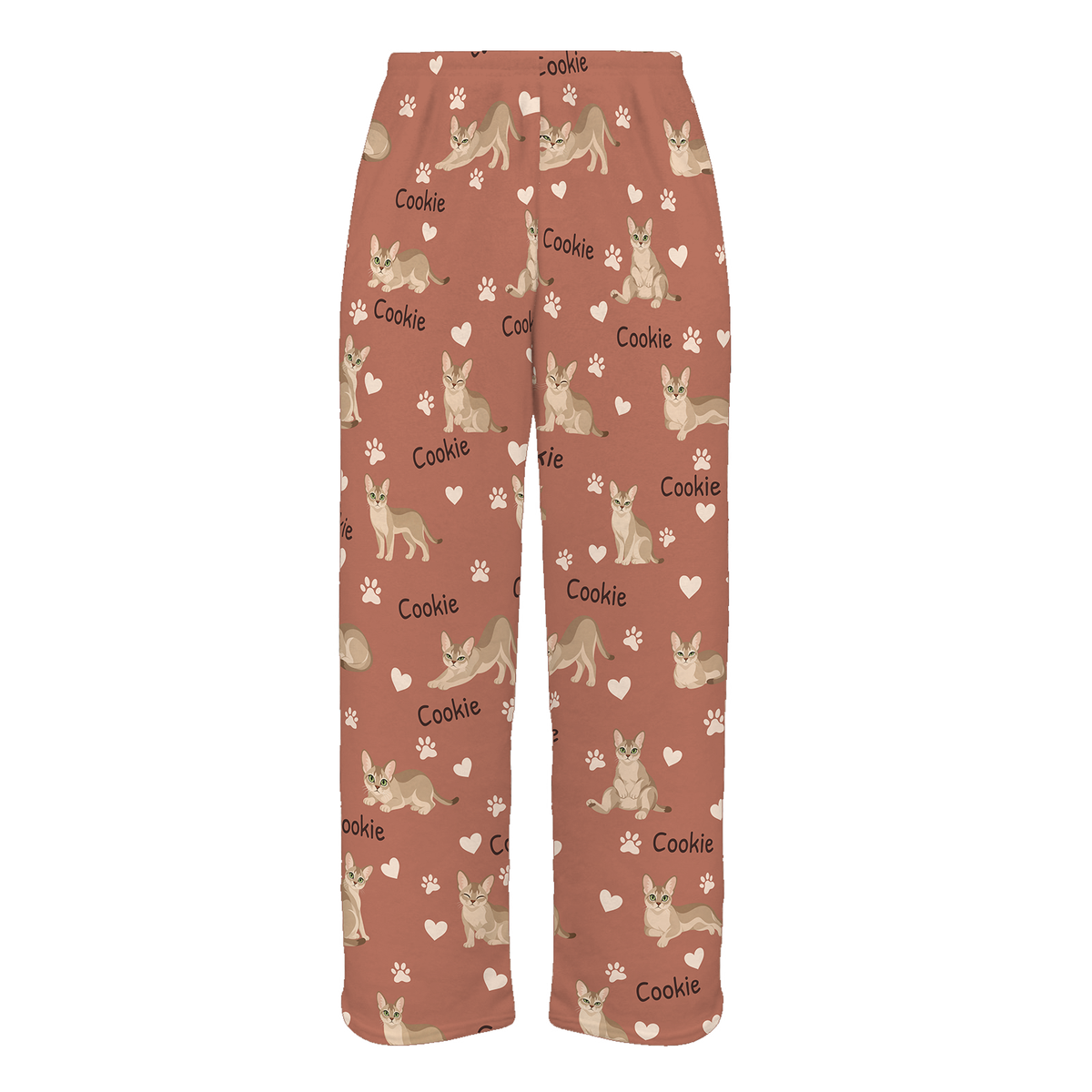 Personalized Singapura Cat Pajama Pants, Custom Pet Name Fleece Trousers, Cat Lover Gift — 06 Muted Terracotta — full-trouser view