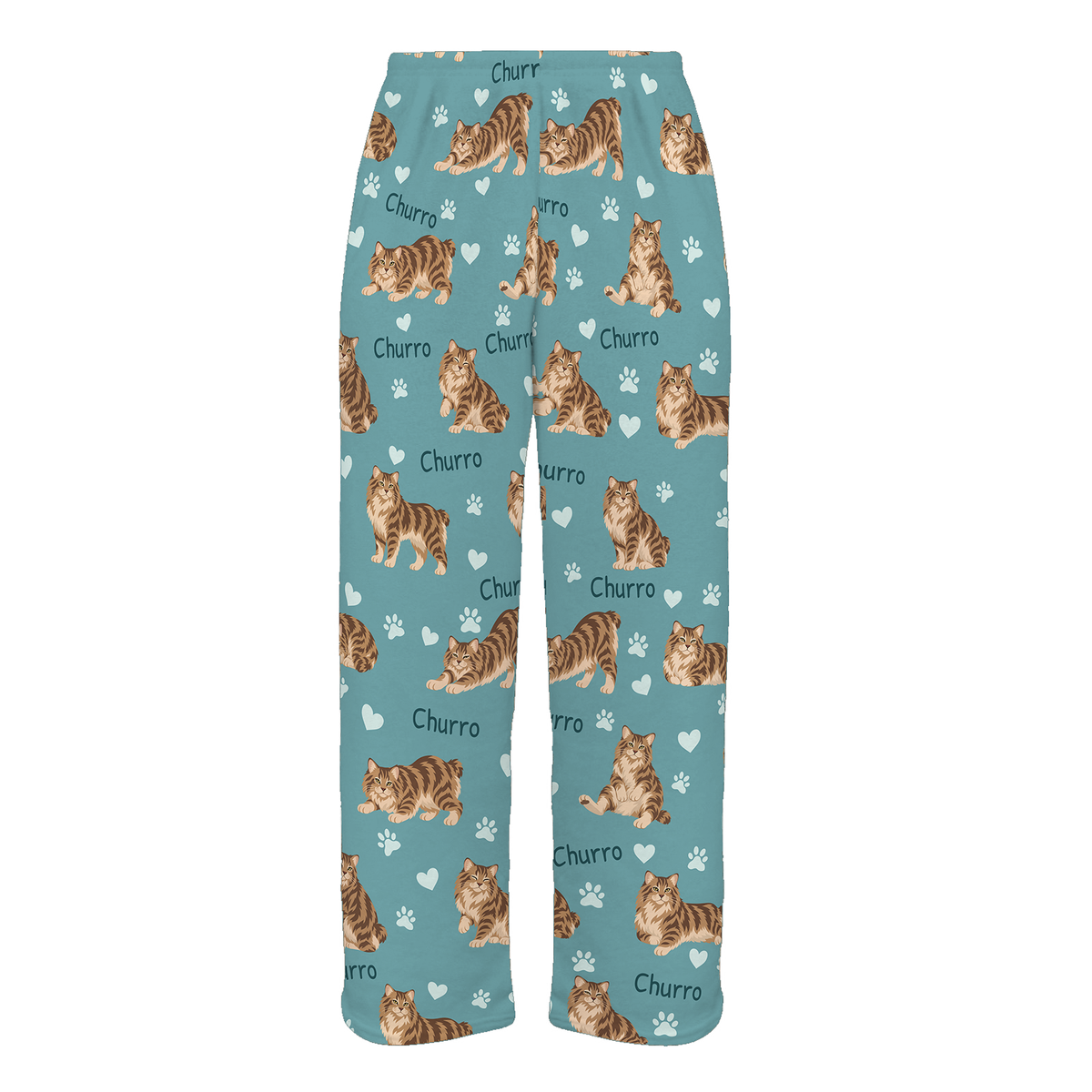 Personalized American Bobtail Cat Pajama Pants, Custom Pet Name Fleece Trousers, Cat Lover Gift — 01 Muted Teal — full-trouser view