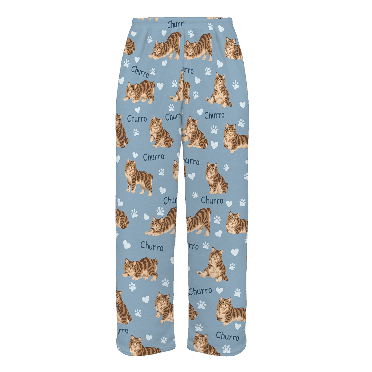Personalized American Bobtail Cat Pajama Pants, Custom Pet Name Fleece Trousers, Cat Lover Gift — 02 Dusty Blue — full-trouser view