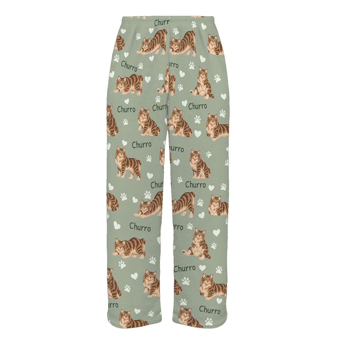 Personalized American Bobtail Cat Pajama Pants, Custom Pet Name Fleece Trousers, Cat Lover Gift — 03 Soft Sage — full-trouser view