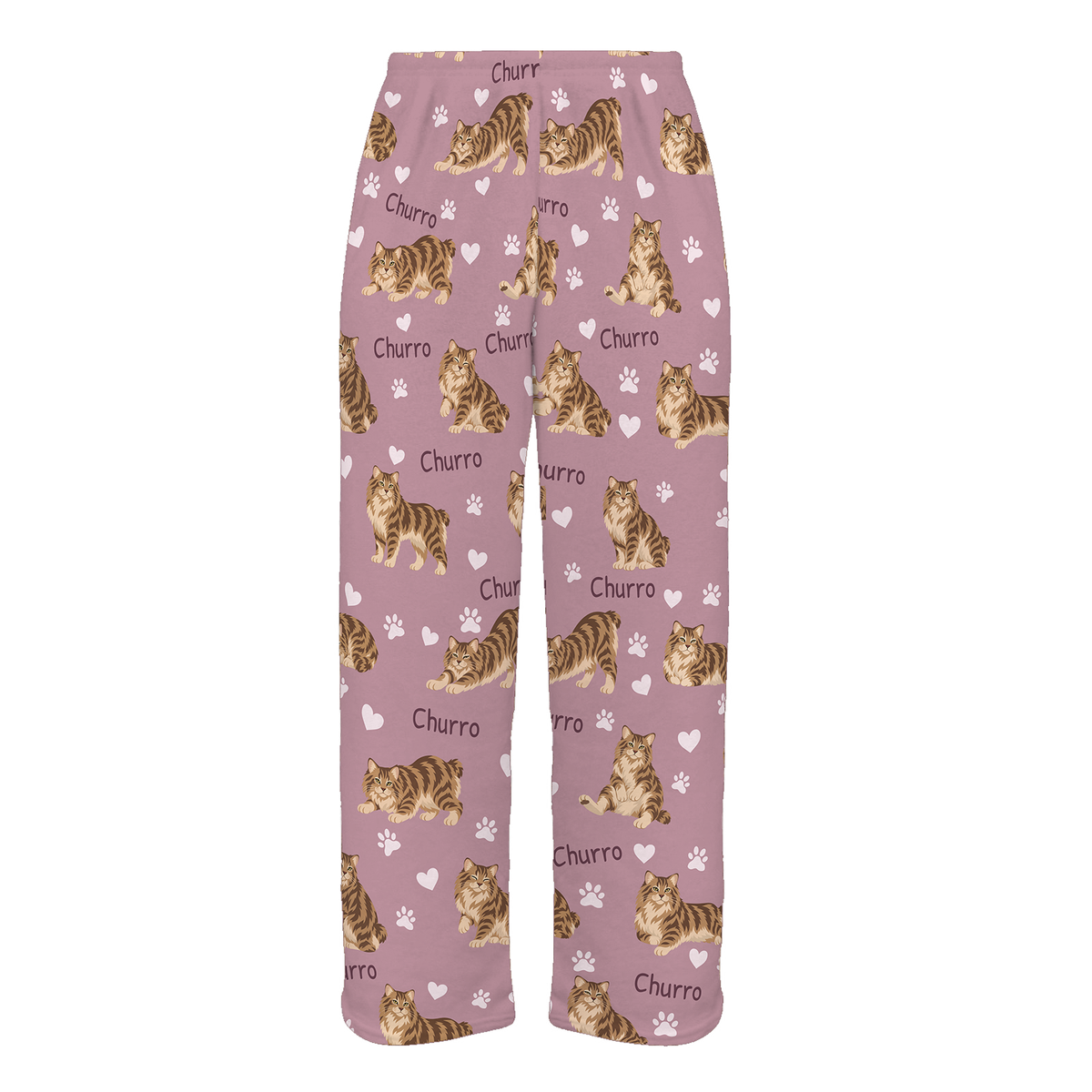 Personalized American Bobtail Cat Pajama Pants, Custom Pet Name Fleece Trousers, Cat Lover Gift — 04 Dusty Rose — full-trouser view