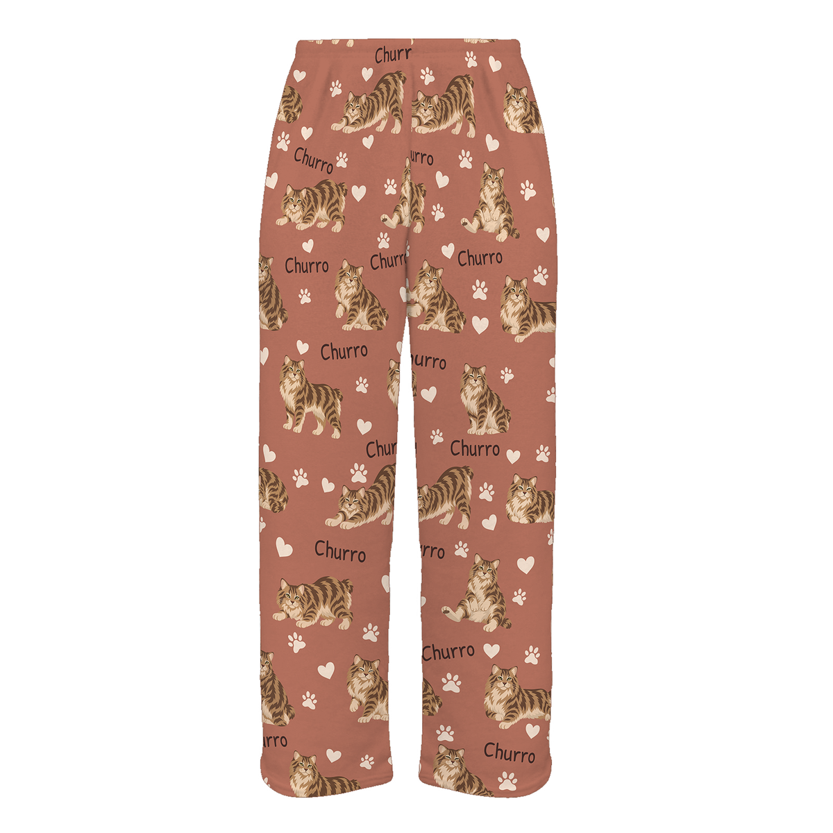 Personalized American Bobtail Cat Pajama Pants, Custom Pet Name Fleece Trousers, Cat Lover Gift — 06 Muted Terracotta — full-trouser view