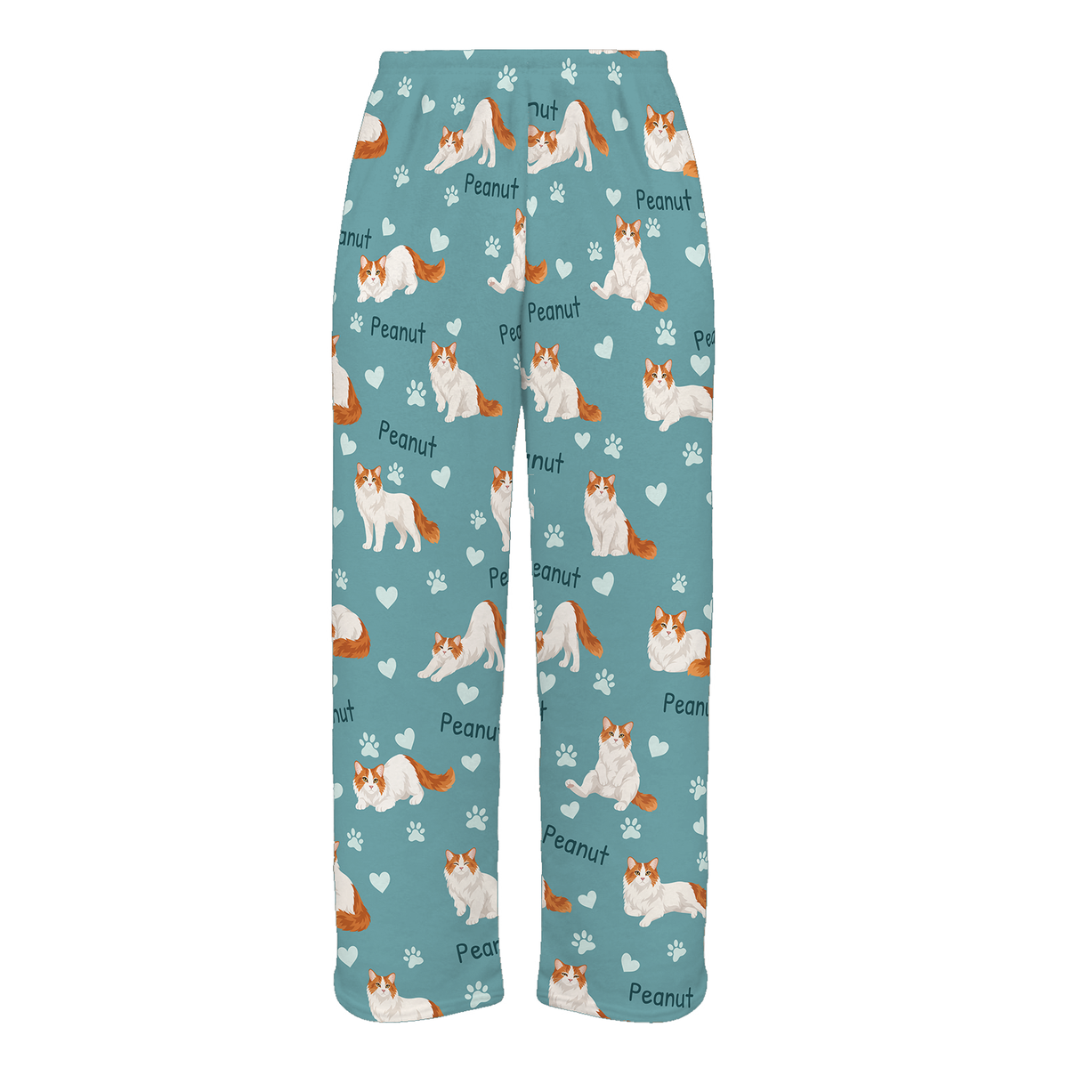 Personalized Turkish Van Cat Pajama Pants, Custom Pet Name Fleece Trousers, Cat Lover Gift — 01 Muted Teal — full-trouser view