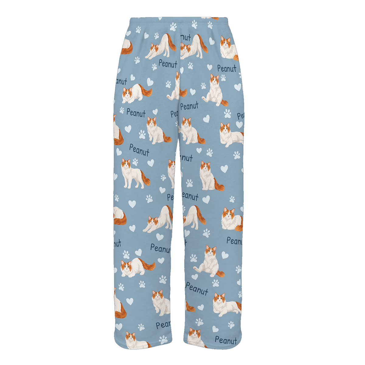 Personalized Turkish Van Cat Pajama Pants, Custom Pet Name Fleece Trousers, Cat Lover Gift — 02 Dusty Blue — full-trouser view