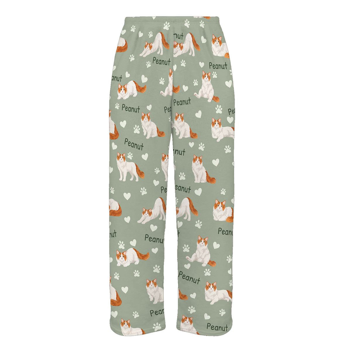 Personalized Turkish Van Cat Pajama Pants, Custom Pet Name Fleece Trousers, Cat Lover Gift — 03 Soft Sage — full-trouser view