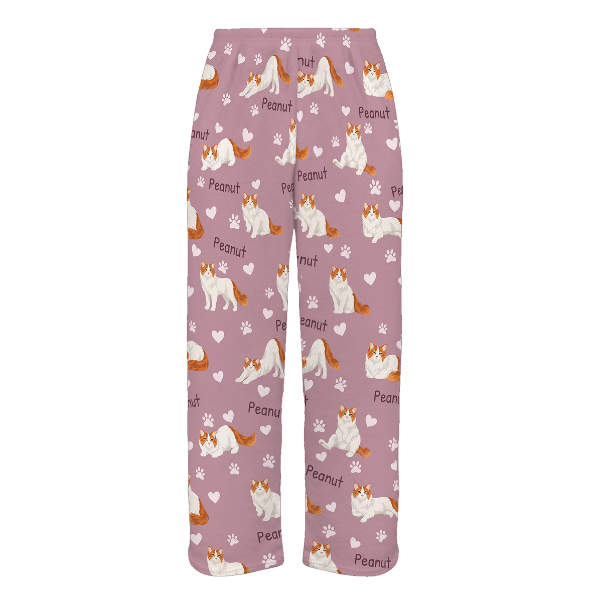 Personalized Turkish Van Cat Pajama Pants, Custom Pet Name Fleece Trousers, Cat Lover Gift — 04 Dusty Rose — full-trouser view