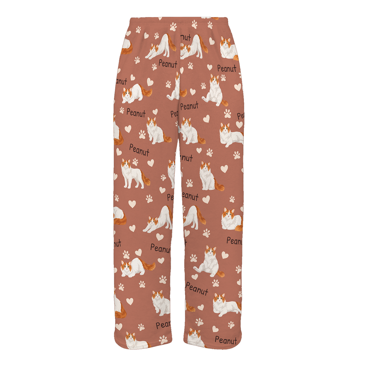 Personalized Turkish Van Cat Pajama Pants, Custom Pet Name Fleece Trousers, Cat Lover Gift — 06 Muted Terracotta — full-trouser view