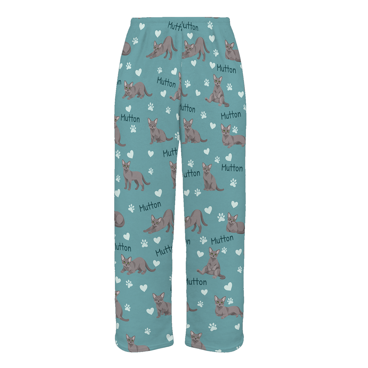 Personalized Korat Cat Pajama Pants, Custom Pet Name Fleece Trousers, Cat Lover Gift — 01 Muted Teal — full-trouser view