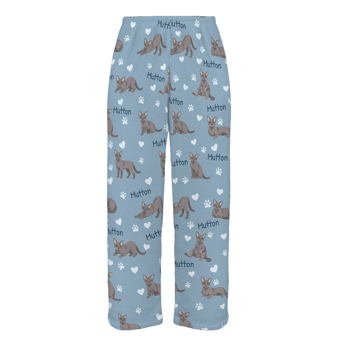 Personalized Korat Cat Pajama Pants, Custom Pet Name Fleece Trousers, Cat Lover Gift — 02 Dusty Blue — full-trouser view