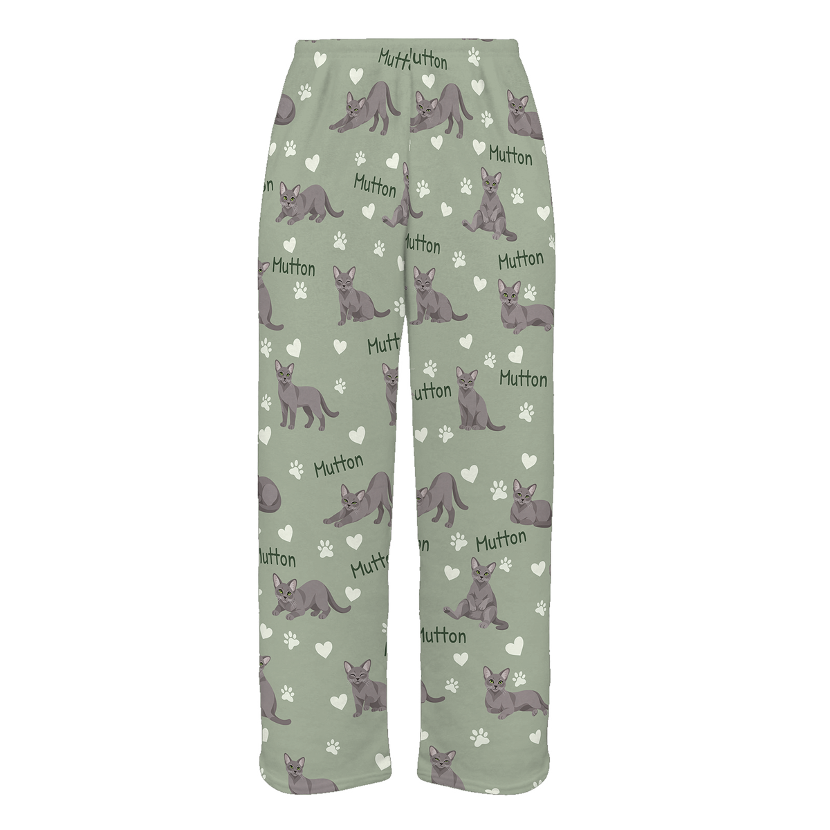 Personalized Korat Cat Pajama Pants, Custom Pet Name Fleece Trousers, Cat Lover Gift — 03 Soft Sage — full-trouser view