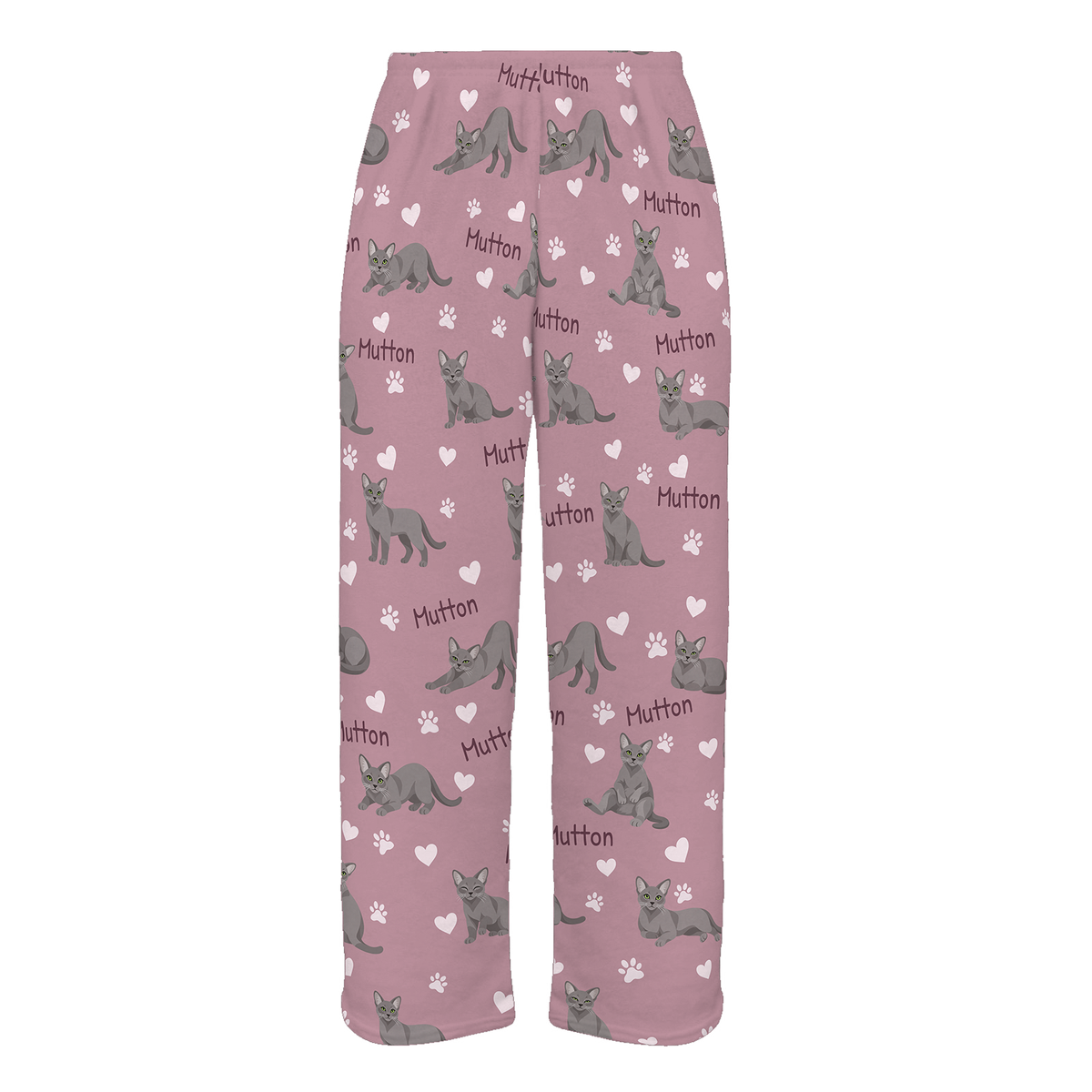 Personalized Korat Cat Pajama Pants, Custom Pet Name Fleece Trousers, Cat Lover Gift — 04 Dusty Rose — full-trouser view