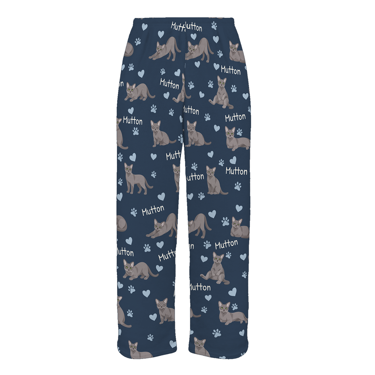 Personalized Korat Cat Pajama Pants, Custom Pet Name Fleece Trousers, Cat Lover Gift — 05 Deep Navy — full-trouser view