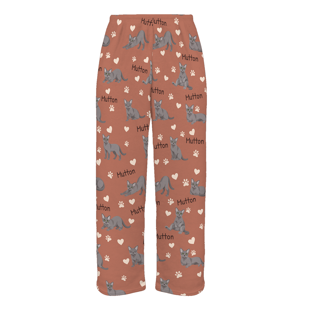 Personalized Korat Cat Pajama Pants, Custom Pet Name Fleece Trousers, Cat Lover Gift — 06 Muted Terracotta — full-trouser view