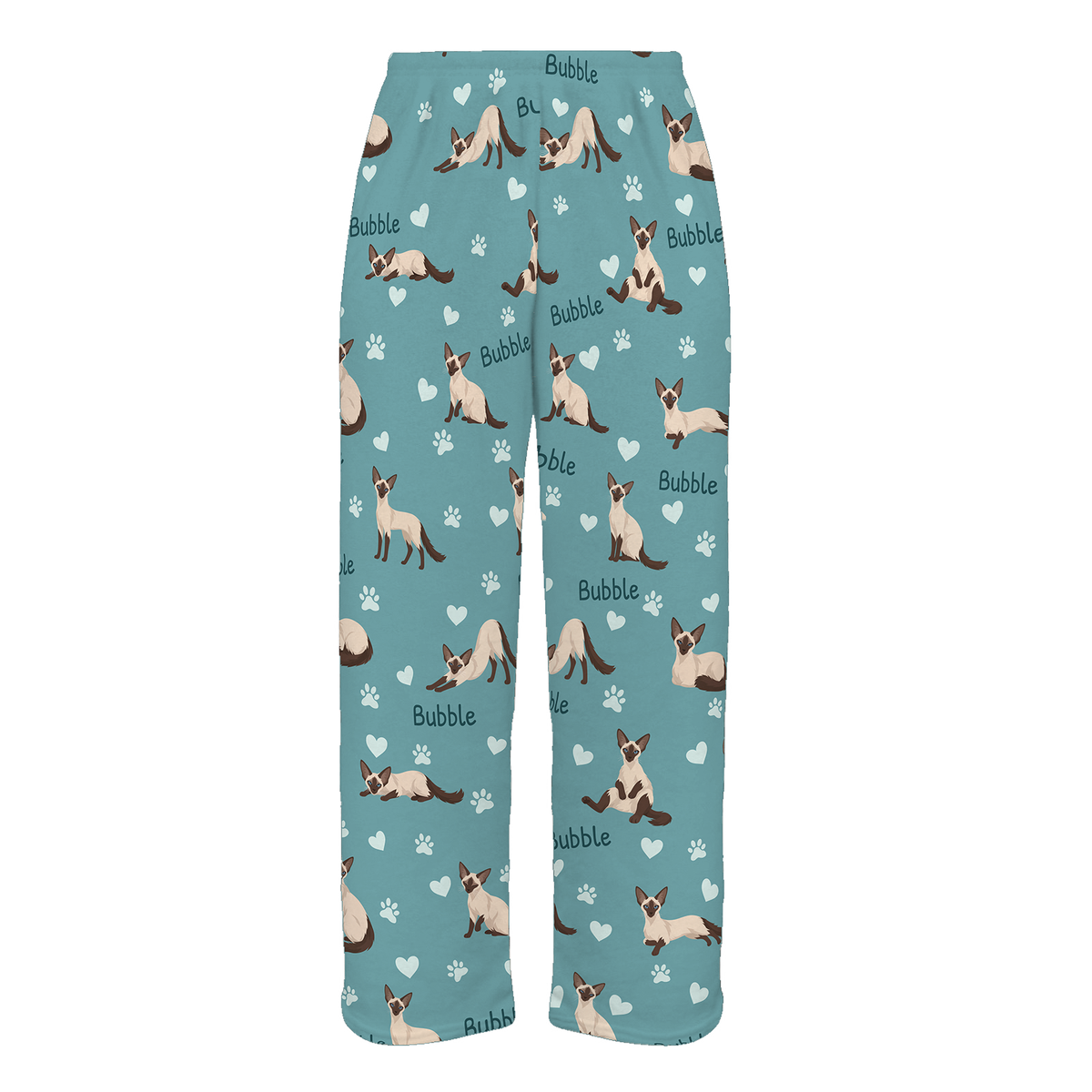 Personalized Balinese Cat Pajama Pants, Custom Pet Name Fleece Trousers, Cat Lover Gift — 01 Muted Teal — full-trouser view