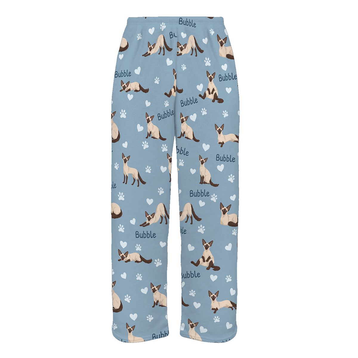 Personalized Balinese Cat Pajama Pants, Custom Pet Name Fleece Trousers, Cat Lover Gift — 02 Dusty Blue — full-trouser view