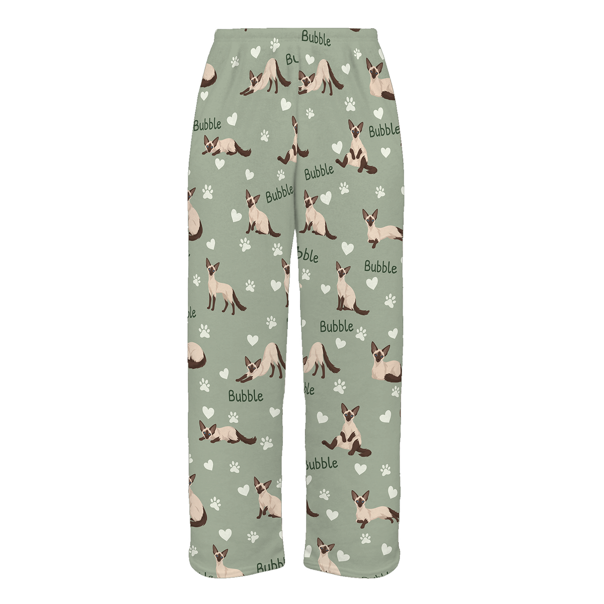 Personalized Balinese Cat Pajama Pants, Custom Pet Name Fleece Trousers, Cat Lover Gift — 03 Soft Sage — full-trouser view
