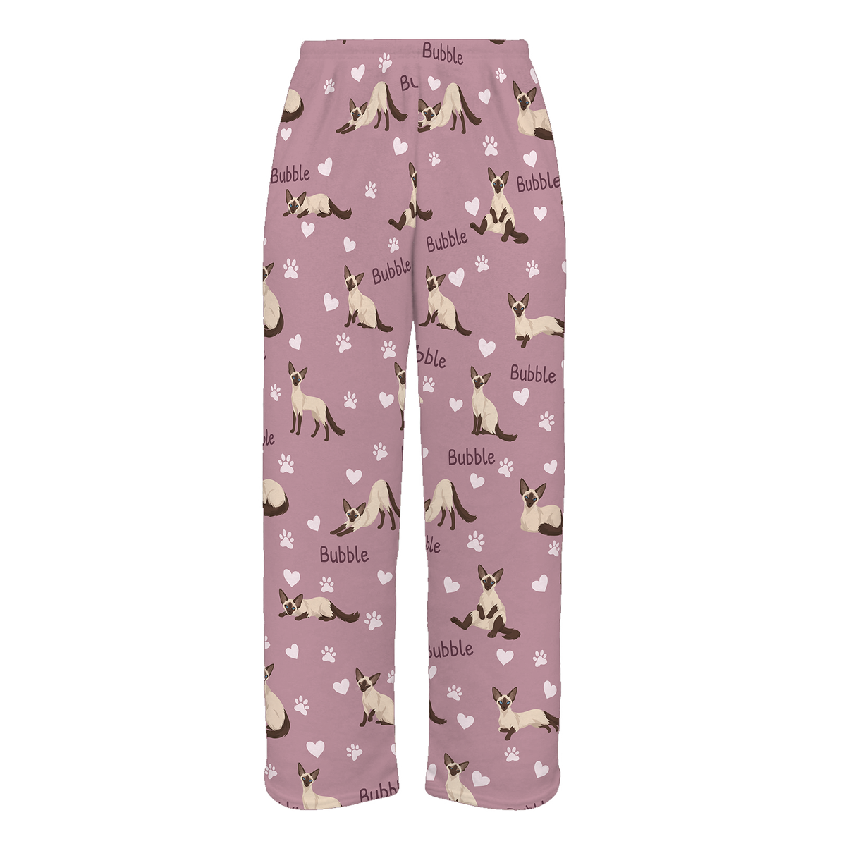 Personalized Balinese Cat Pajama Pants, Custom Pet Name Fleece Trousers, Cat Lover Gift — 04 Dusty Rose — full-trouser view