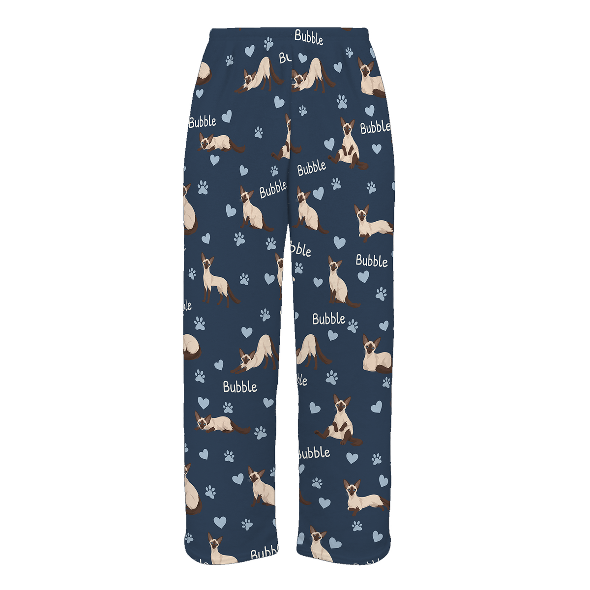 Personalized Balinese Cat Pajama Pants, Custom Pet Name Fleece Trousers, Cat Lover Gift — 05 Deep Navy — full-trouser view