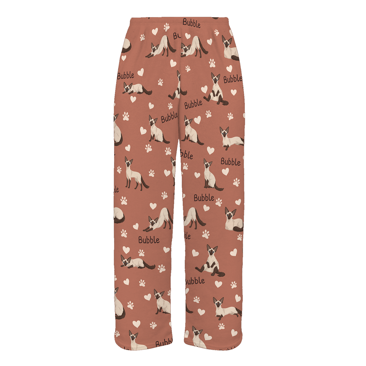 Personalized Balinese Cat Pajama Pants, Custom Pet Name Fleece Trousers, Cat Lover Gift — 06 Muted Terracotta — full-trouser view