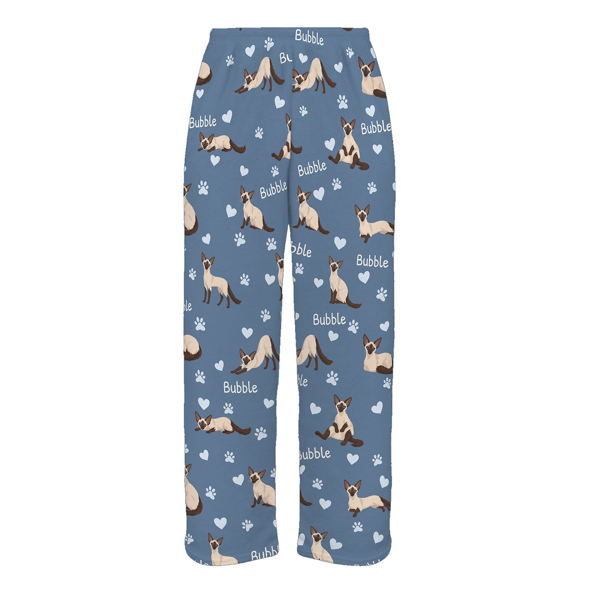 Personalized Balinese Cat Pajama Pants, Custom Pet Name Fleece Trousers, Cat Lover Gift — As shown — full-trouser view
