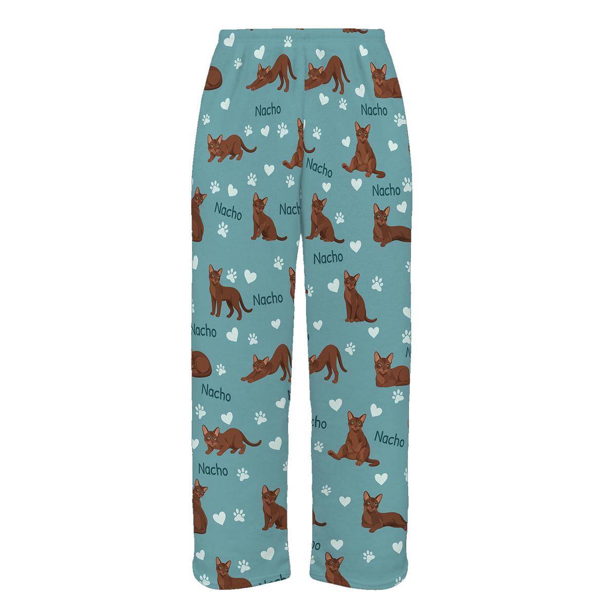 Personalized Havana Brown Cat Pajama Pants, Custom Pet Name Fleece Trousers, Cat Lover Gift — 01 Muted Teal — full-trouser view