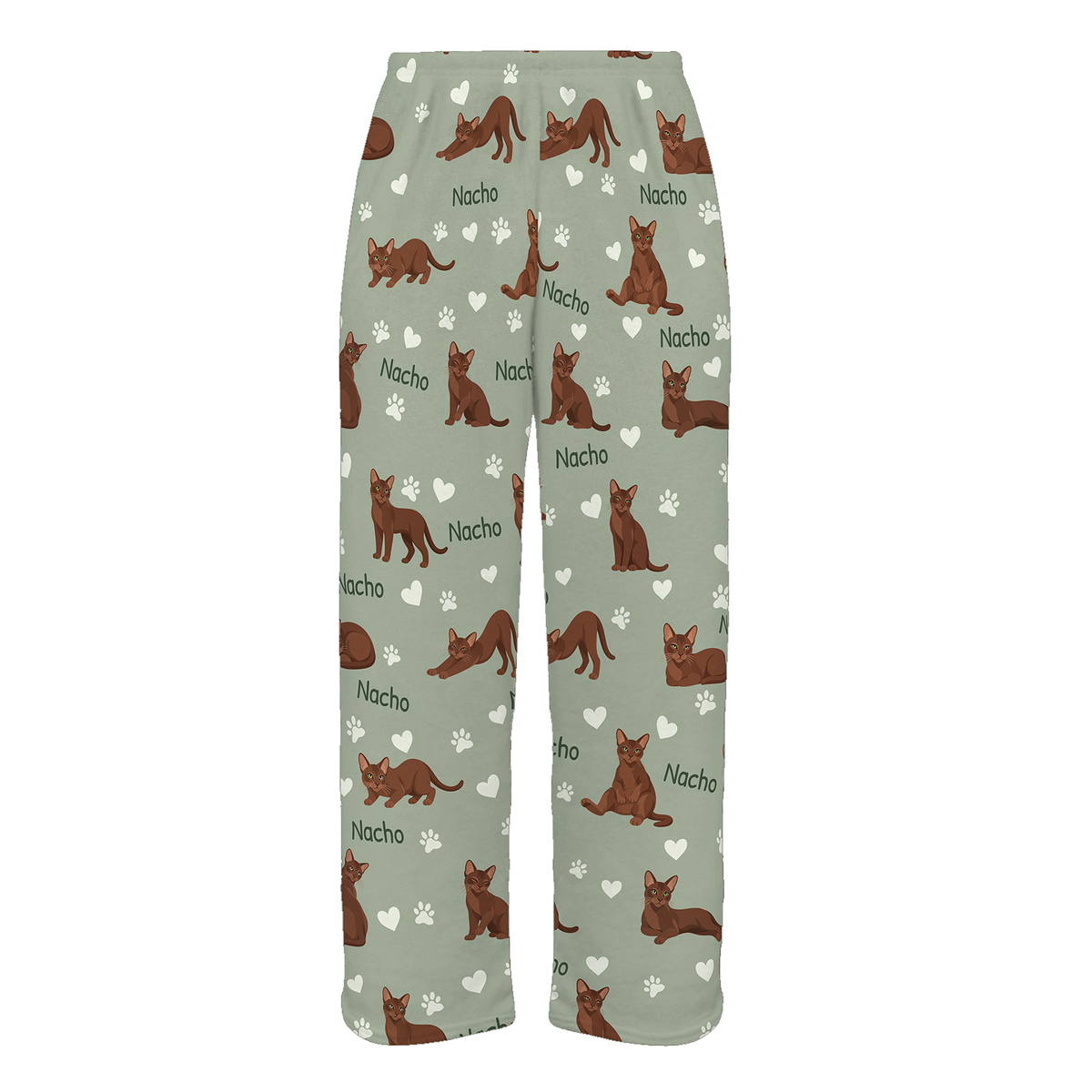 Personalized Havana Brown Cat Pajama Pants, Custom Pet Name Fleece Trousers, Cat Lover Gift — 03 Soft Sage — full-trouser view