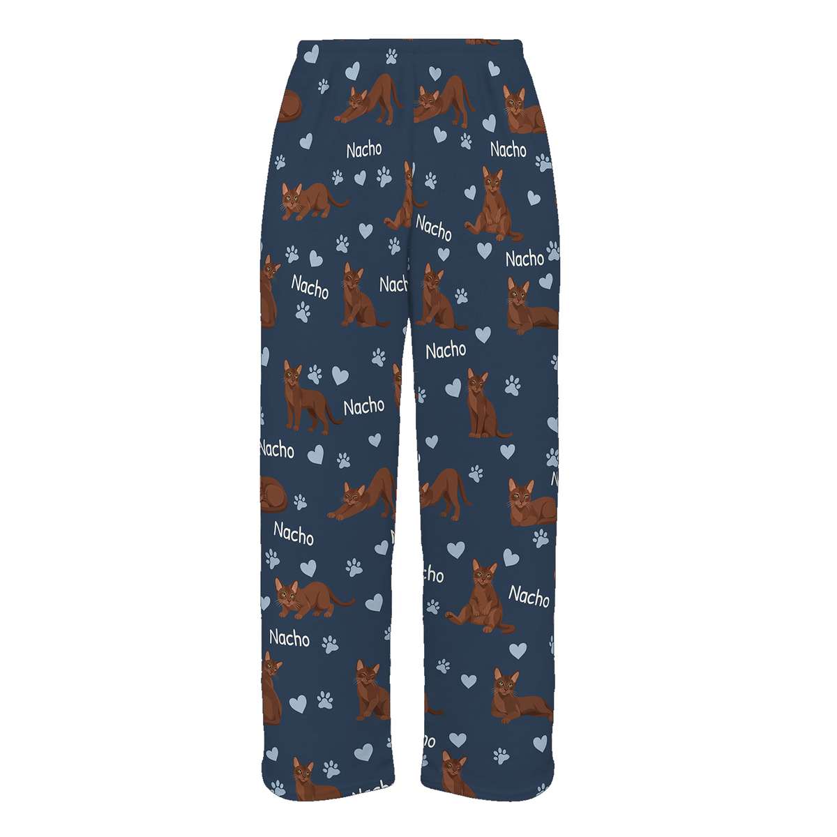 Personalized Havana Brown Cat Pajama Pants, Custom Pet Name Fleece Trousers, Cat Lover Gift — 05 Deep Navy — full-trouser view