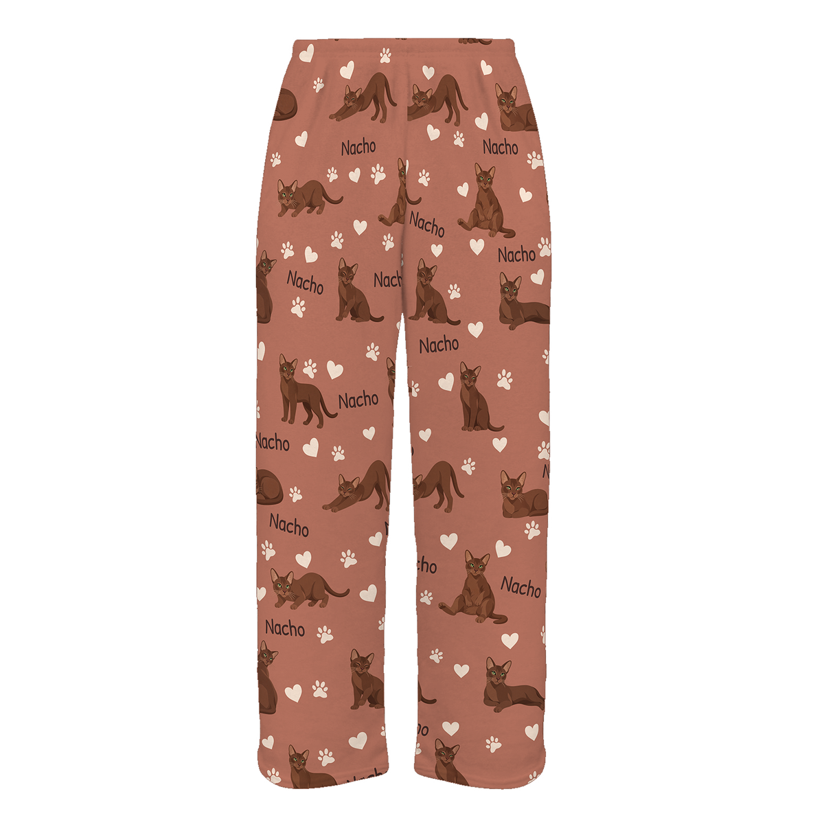 Personalized Havana Brown Cat Pajama Pants, Custom Pet Name Fleece Trousers, Cat Lover Gift — 06 Muted Terracotta — full-trouser view