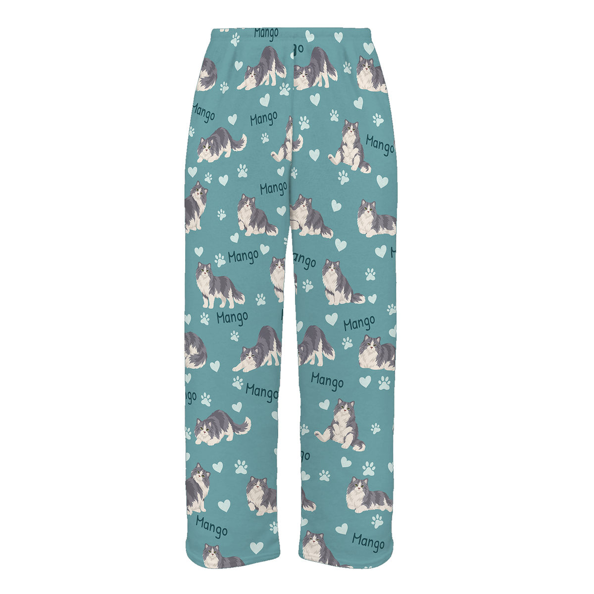 Personalized Ragamuffin Cat Pajama Pants, Custom Pet Name Fleece Trousers, Cat Lover Gift — 01 Muted Teal — full-trouser view